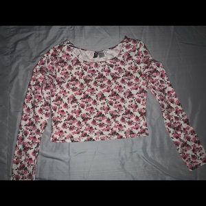 White/ multicolored long sleeve crop top.